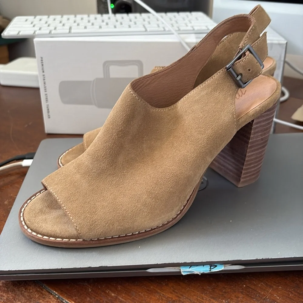 Madewell Suede Slingback Cary Block Tan Peep Toe Heels Sz 8 - Picture 12 of 15